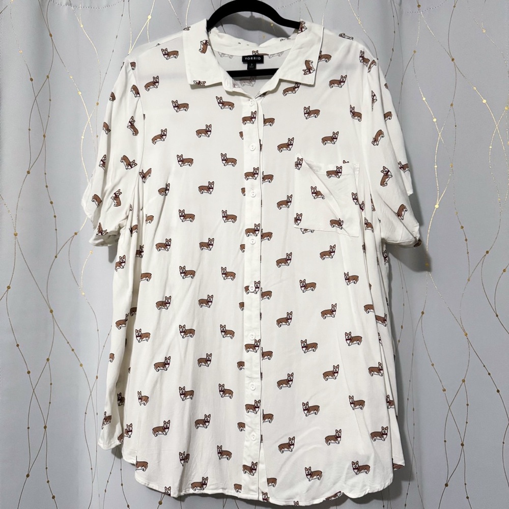 Torrid White and Brown Casual Button Down Shirt with Corgi Print
